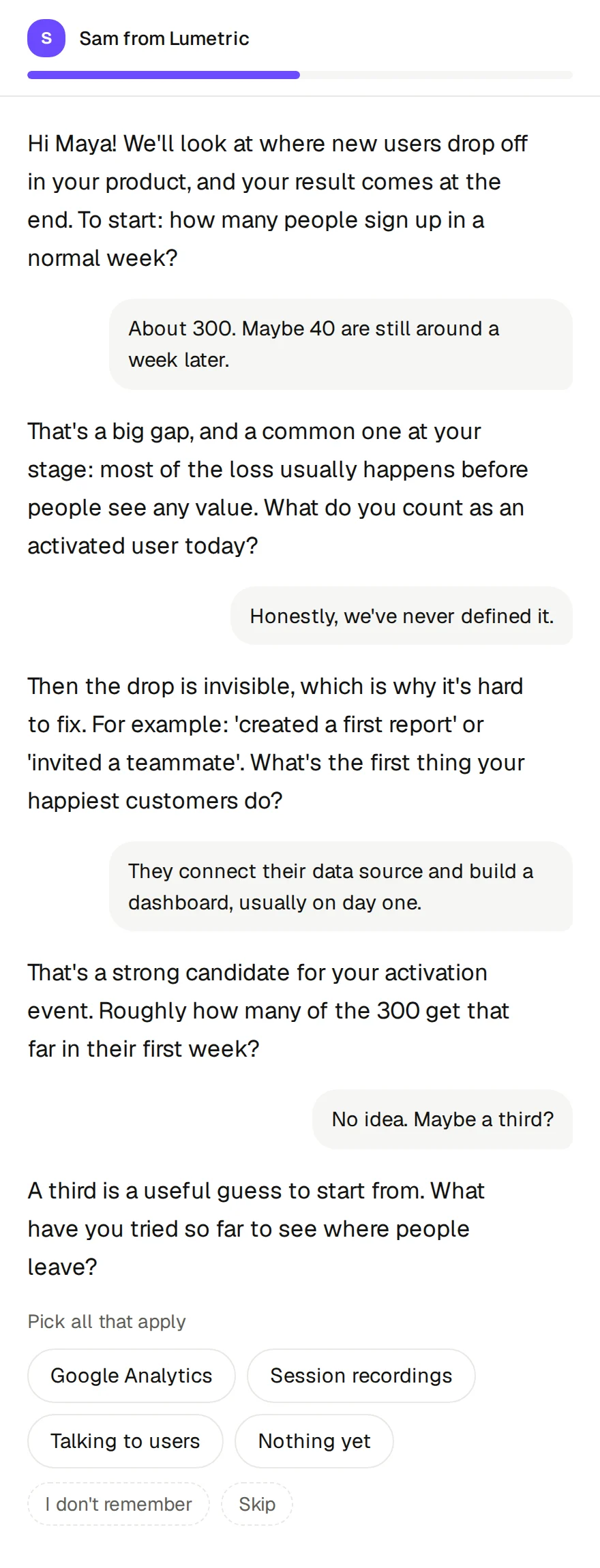 The conversation, scrolling from the first question to one with options to pick